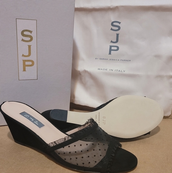 SJP by Sarah Jessica Parker Shoes - 38.5 SJP by Sarah Jessica Parker Slink Fabric 50 Wedge Slide Sandals Black
